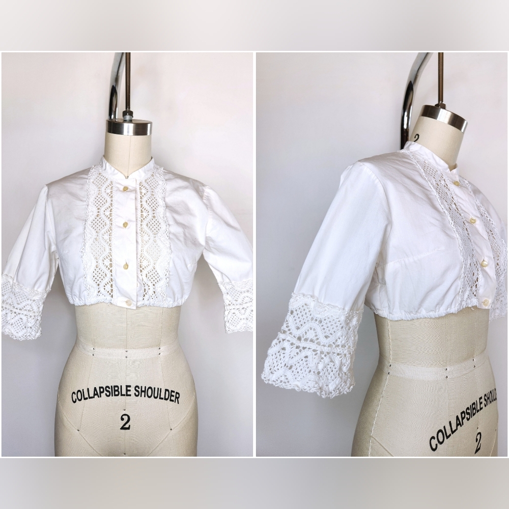 White Dirndl Lace Crop Top - Victorian Inspired 70s 80s White Peasant Blouse XS